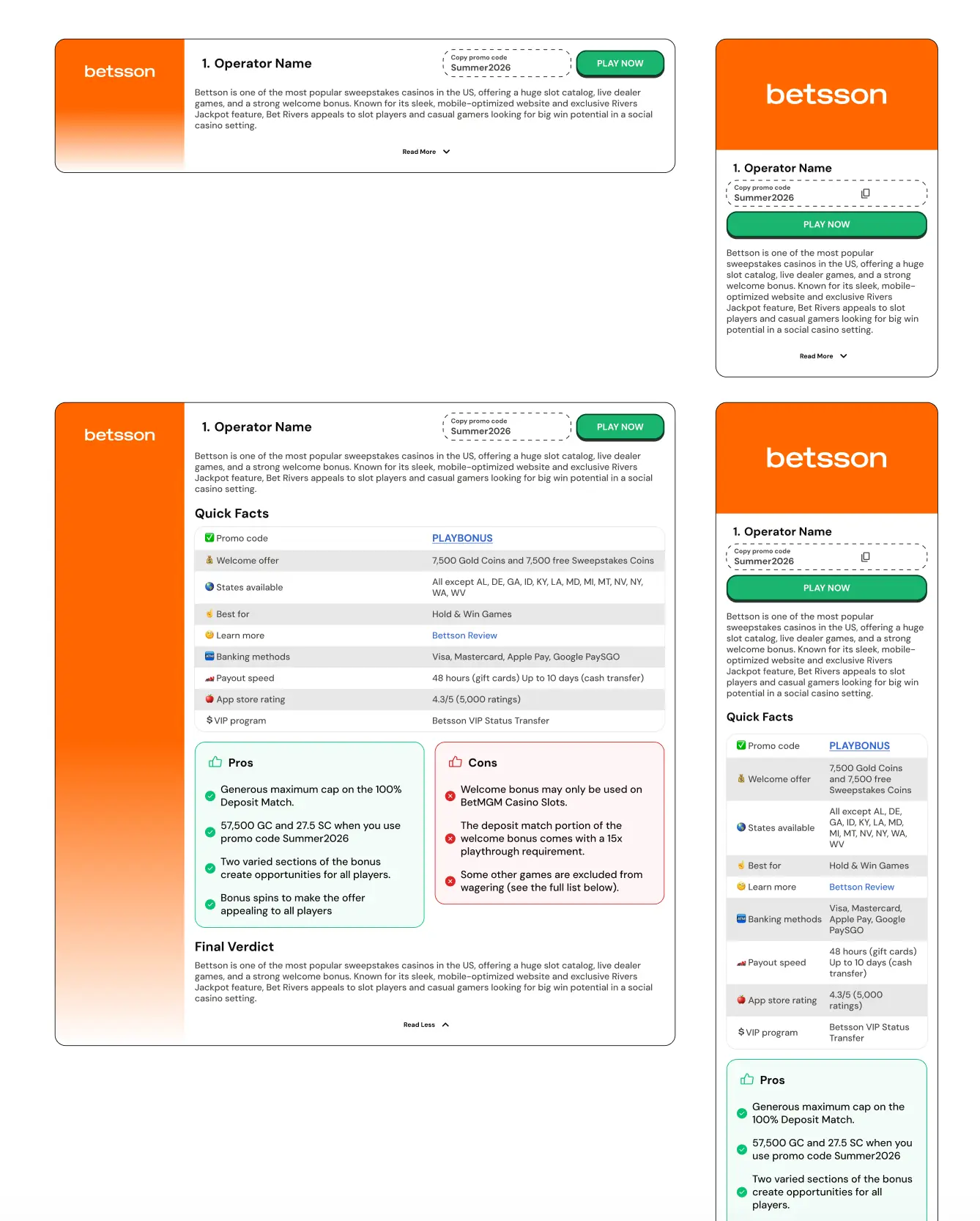 CTA card accordion variant, collapsed and expanded with Quick Facts, Pros/Cons, desktop and mobile