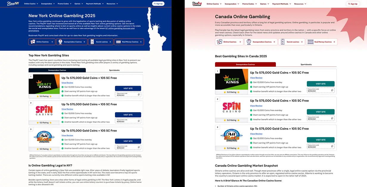 PlayUSA regional page templates for PlayNY and PlayCanada