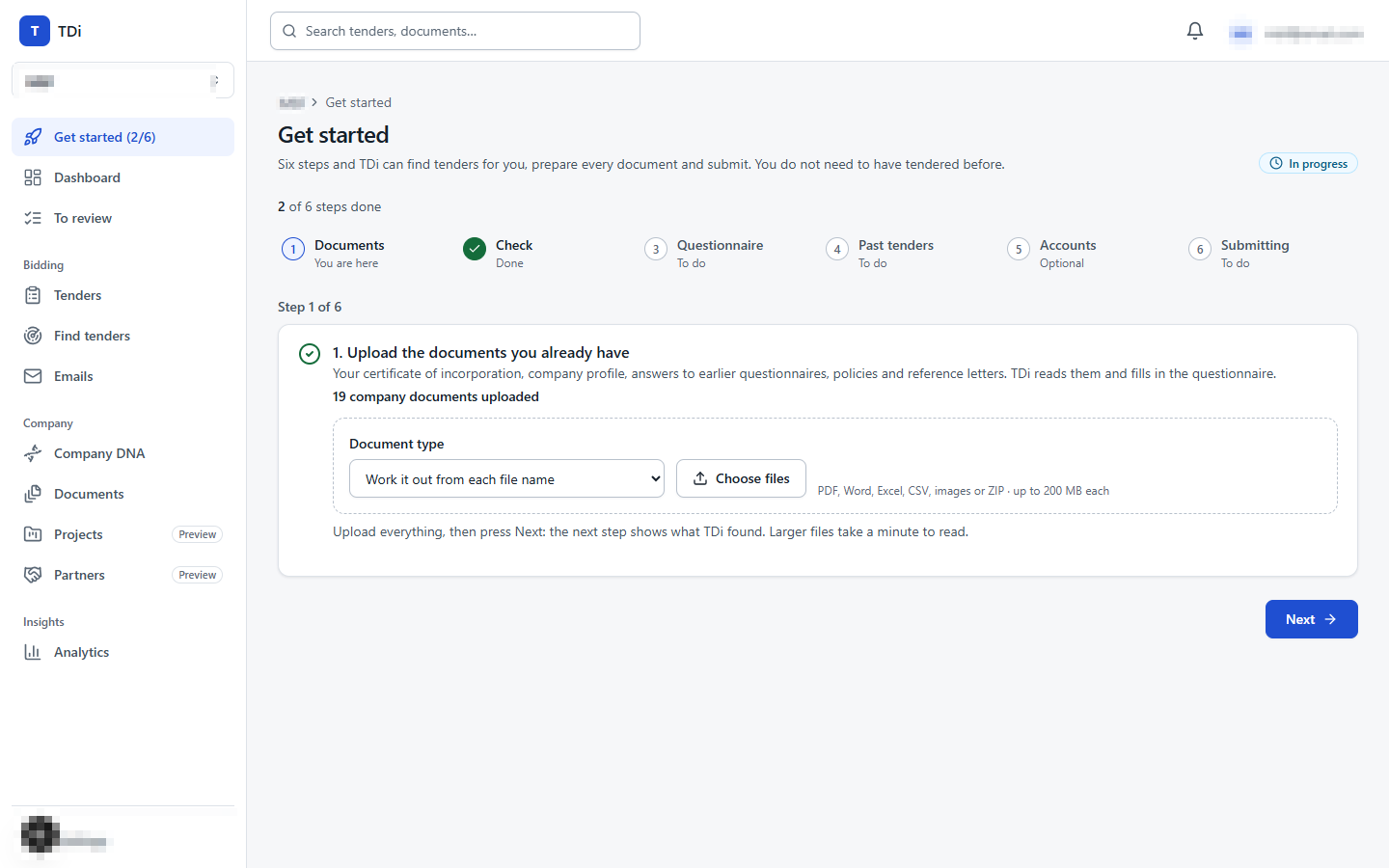TDi get started step: upload the documents you already have