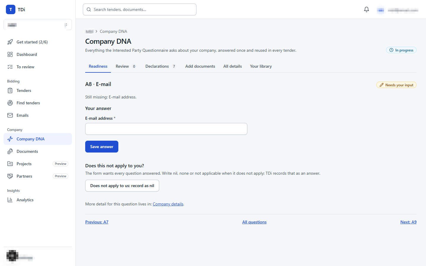 TDi questionnaire item marked as needing the user's input